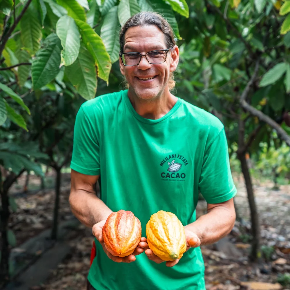 John in the orchard holding two ripe cacao pods